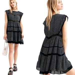 Free People Retro Kitty Crochet Mini Dress S Black Tiered Pockets Flowy Boho